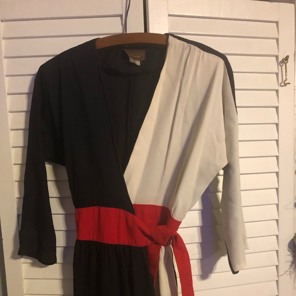 Vintage Black and White Red Wrap Dress - Picture 1 of 5